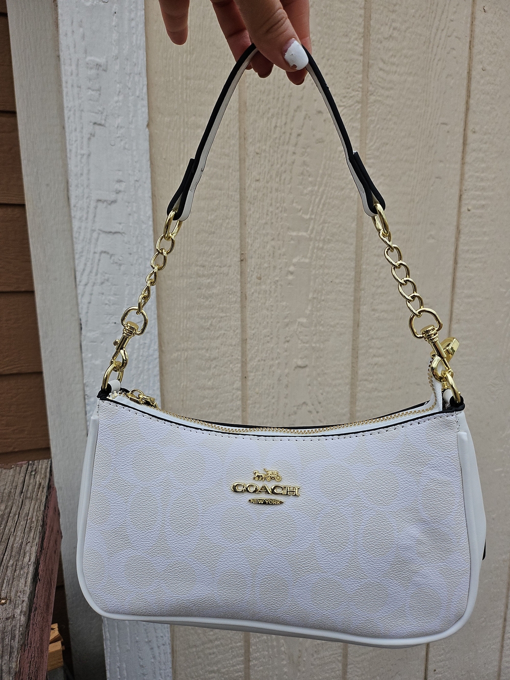 Coach White Signature Small Shoulder Bag with Gold Hardware